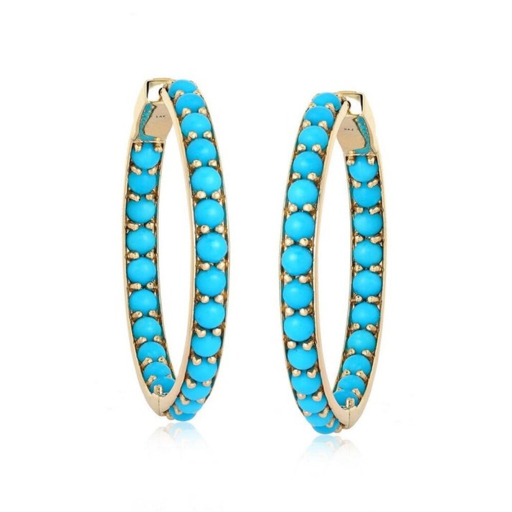 48 Turquoise Diamond 14K (or 18k upon request) Yellow Gold Hoops Earrings